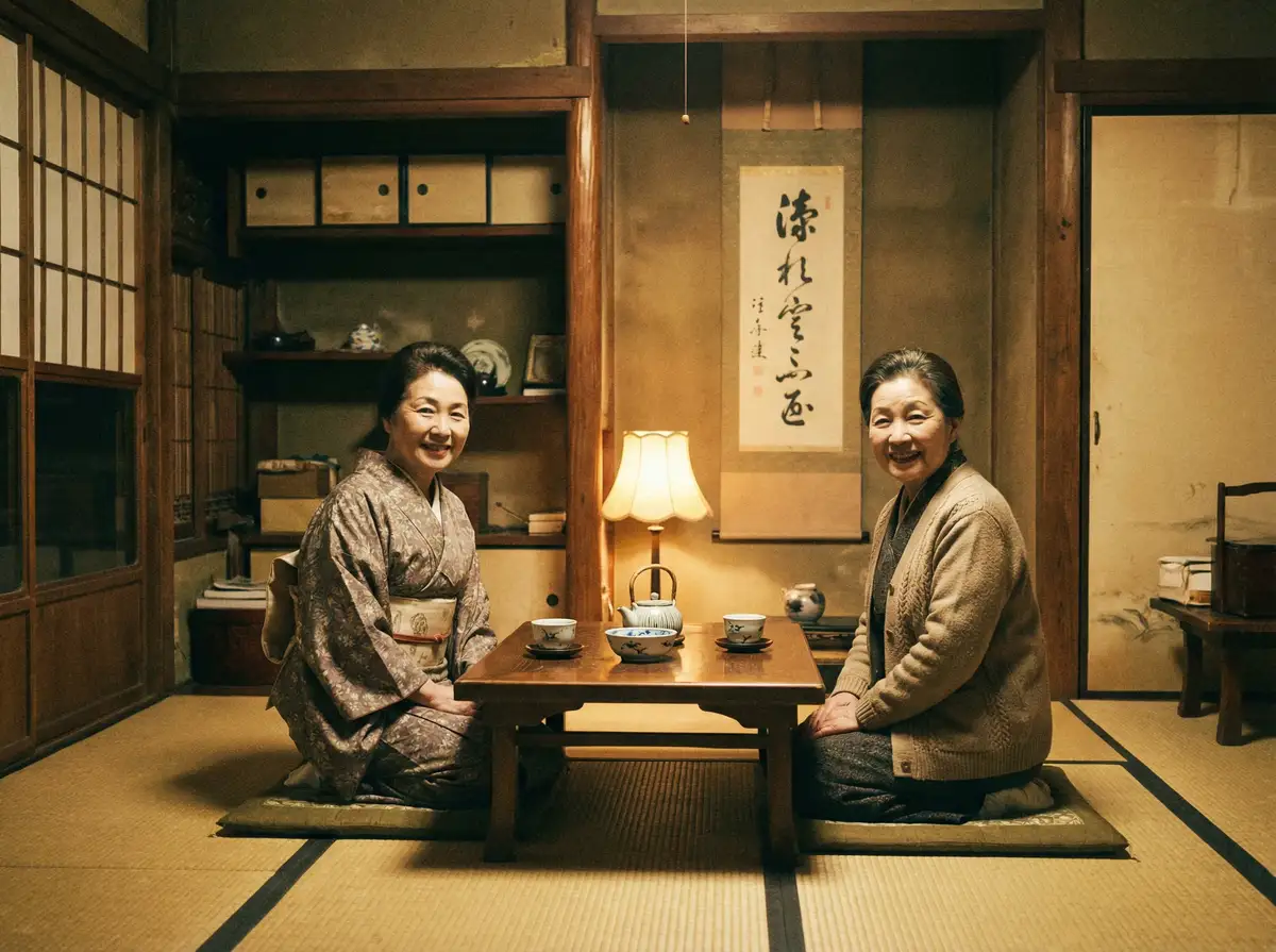 两位优雅的 魏乔安 在日式茶室中品茶交谈